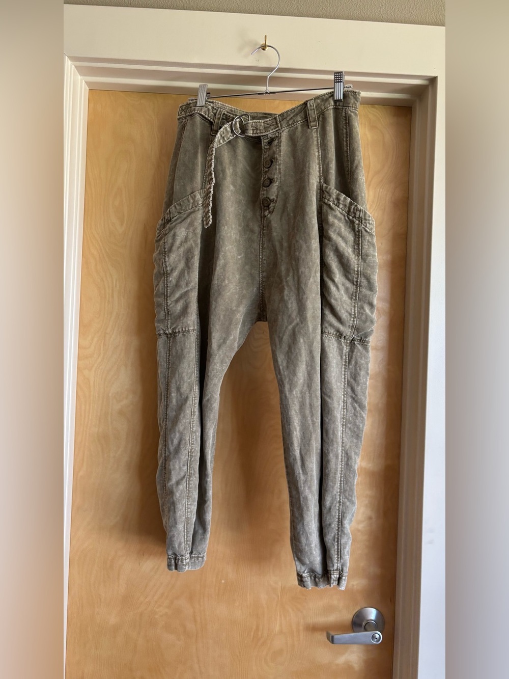 Free People Washed Olive Drop Crotch Harem Utility Jogger Pants Belted Sz 4